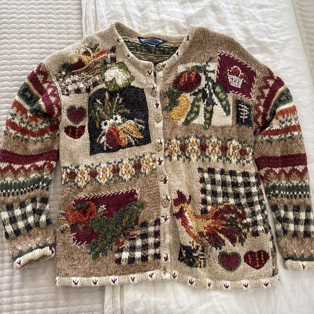 Vintage Shaver Lake Cardigan Fall Floral Chunky Knit M/L Boho Cottagecore granny